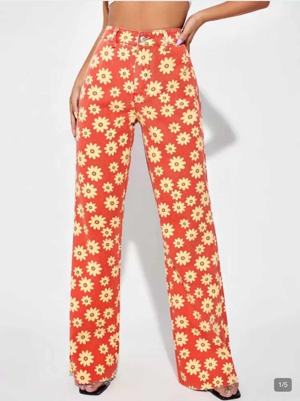 High-Rise Floral Wide-Leg Pants - Orange with Daisy  Print